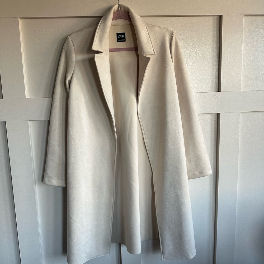 Zara Women's Cream Open-Front Midi Cream Coat